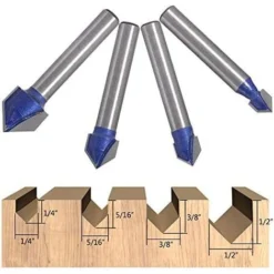 4pcs Fraises à Rainurer en Forme V 6.35mm, 7.94mm, 9.52mm, 12.7mm pour Défonceuse, Affleureuse et Toupie - Outil de Coupe du Bois Bleu GrooFoo -Toupie Soldes 60910470 3