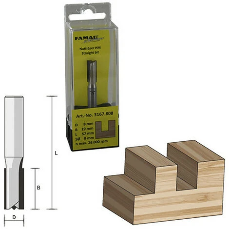 Fraise à Rainurer Droite avec Pointe de Centrage D. 12 mm HT. 32 mm LT. 73 mm Queue de 8 mm - FAMAG 3 Fraise à Rainurer Droite avec Pointe de Centrage D. 12 mm HT. 32 mm LT. 73 mm Queue de 8 mm - FAMAG